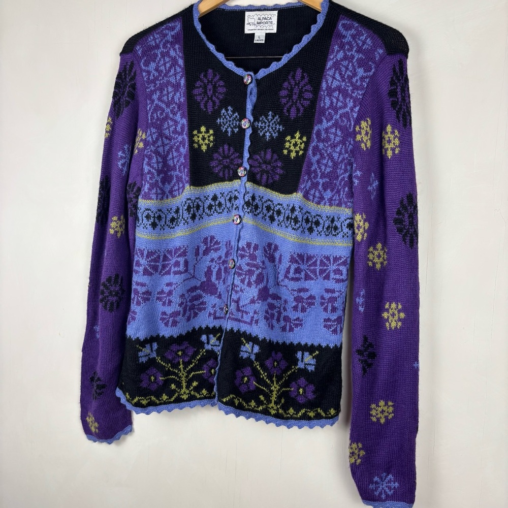 Alpaca Imports Wool Blend Button Front Cardigan L Purple Black Nordic Artsy - Picture 3 of 14